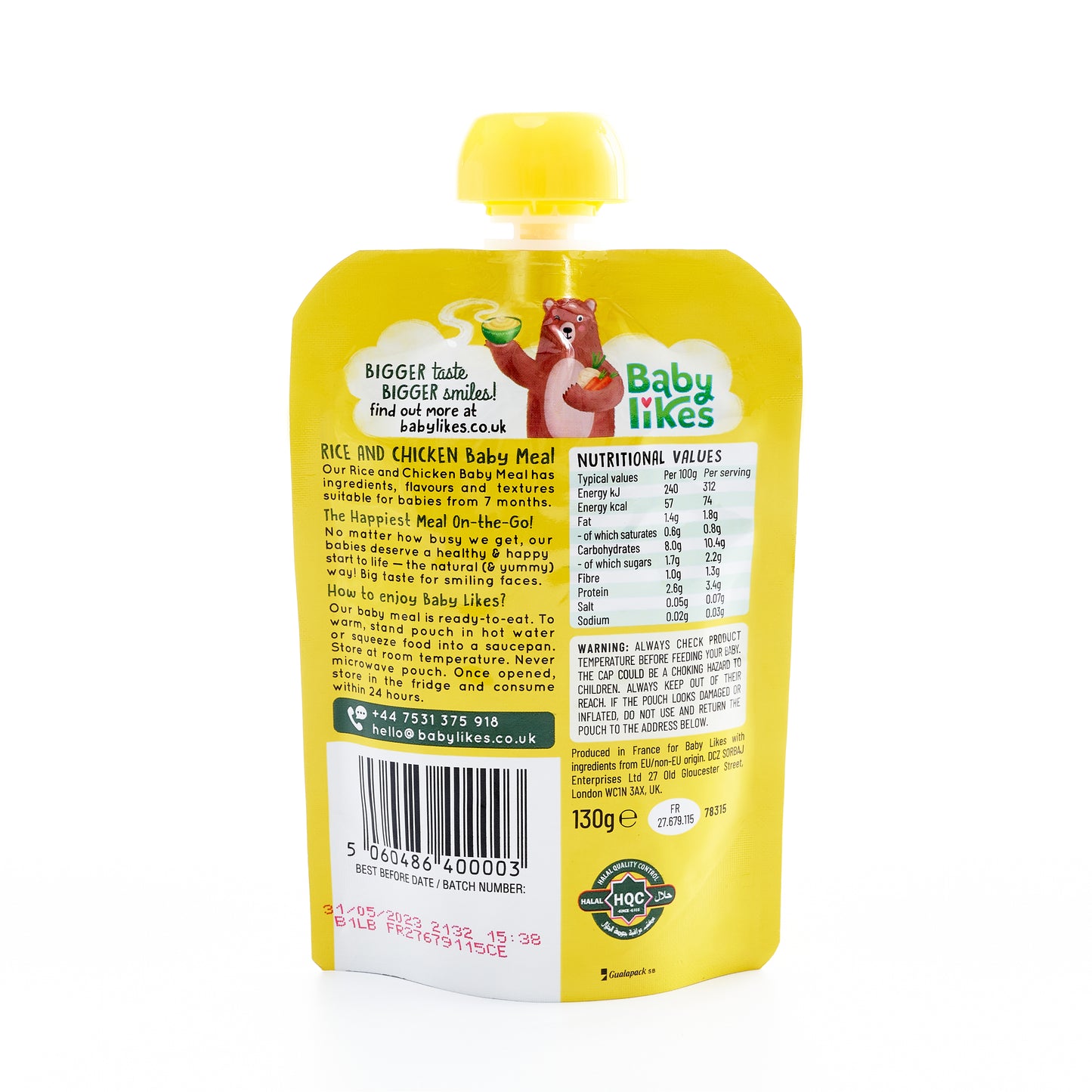 Rice and Chicken 6 pouches x 130 grams - Baby Puree for 7+ months